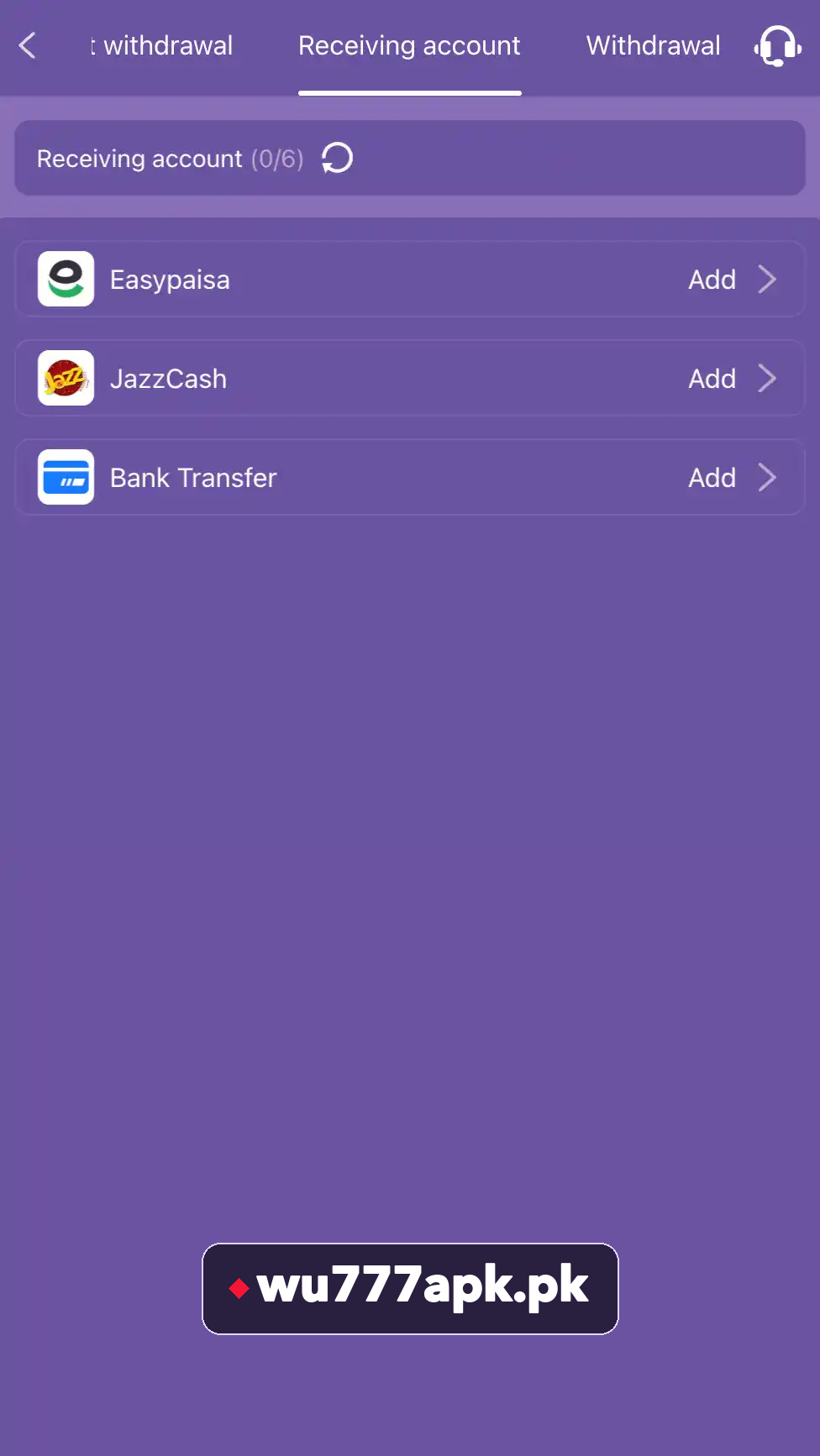 WU777 withdrawal account screen with payment methods