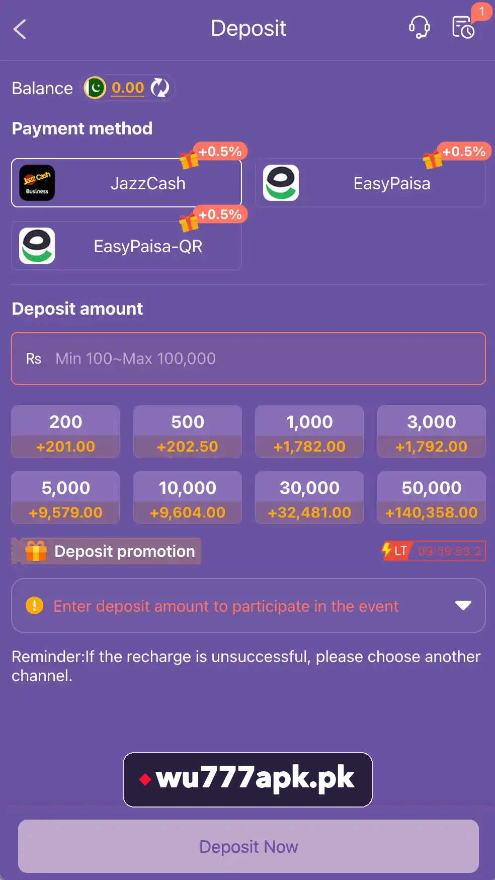 WU777 deposit screen with JazzCash and EasyPaisa options