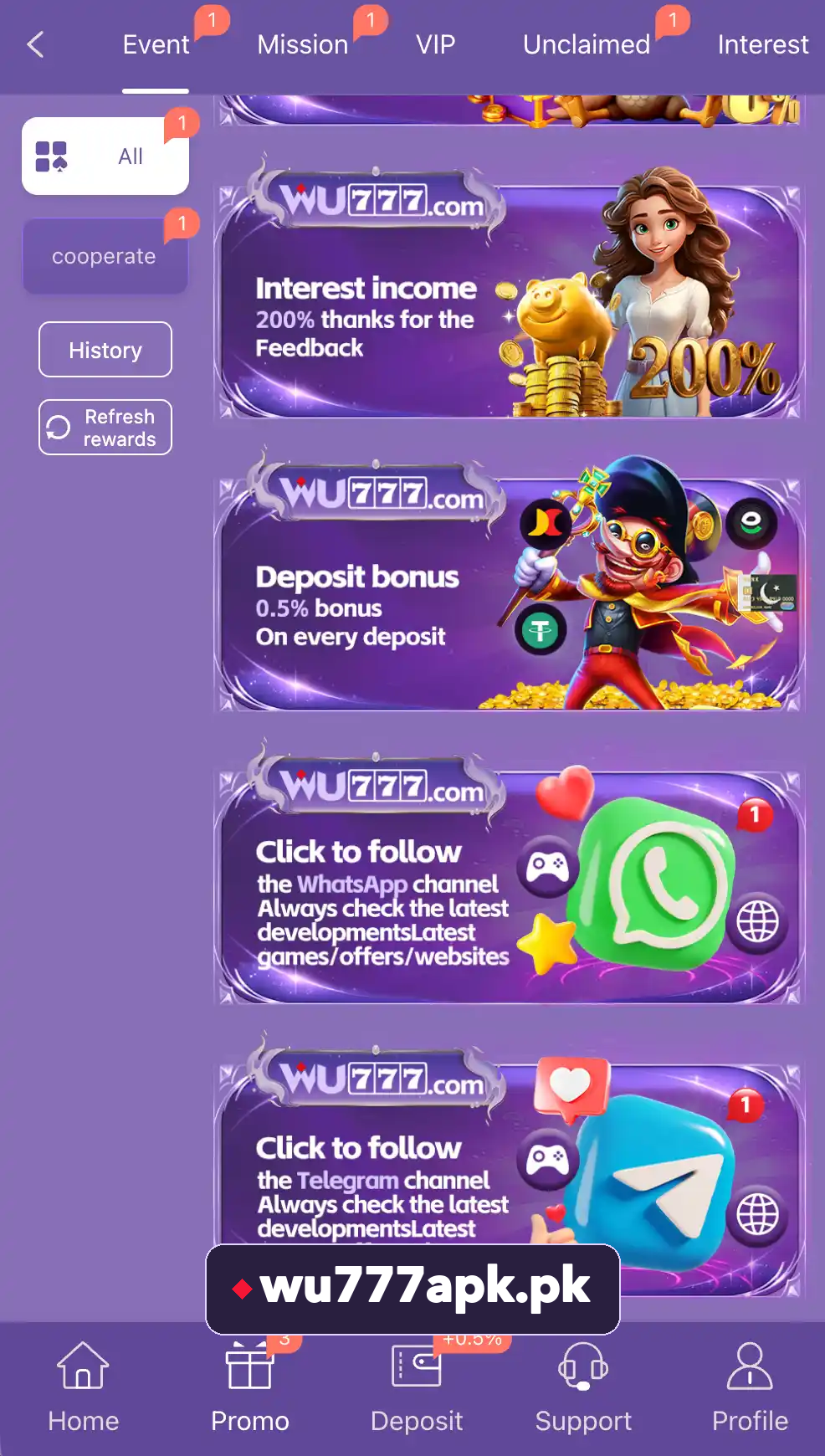 WU777 promo screen with offers and social channels